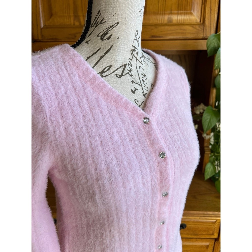 Justice Girls Rose Pink Fuzzy Eyelash Knit Cardigan Sweater Rhinestone Buttons L